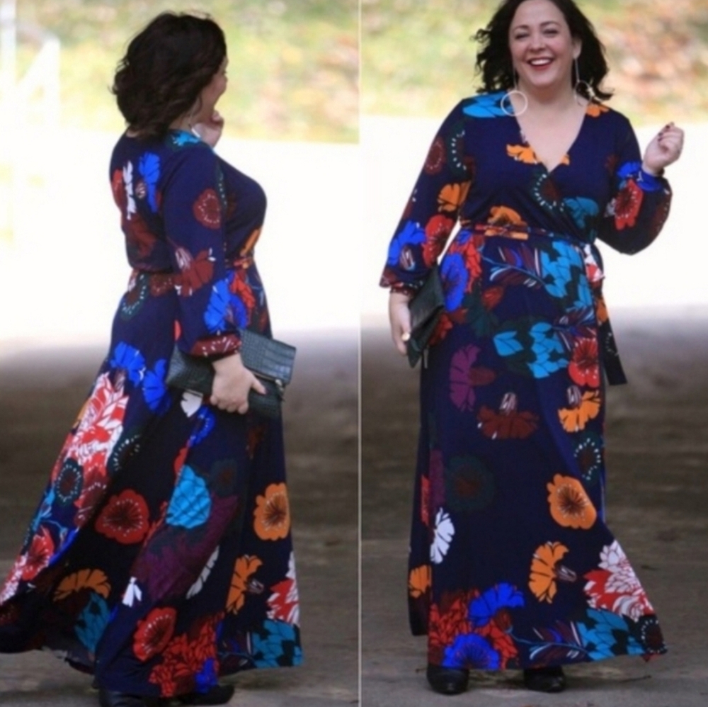 ELOQUII - Faux Wrap Havana Floral Maxi Dress With Side Slit - Plus Size 18 - Picture 15 of 16